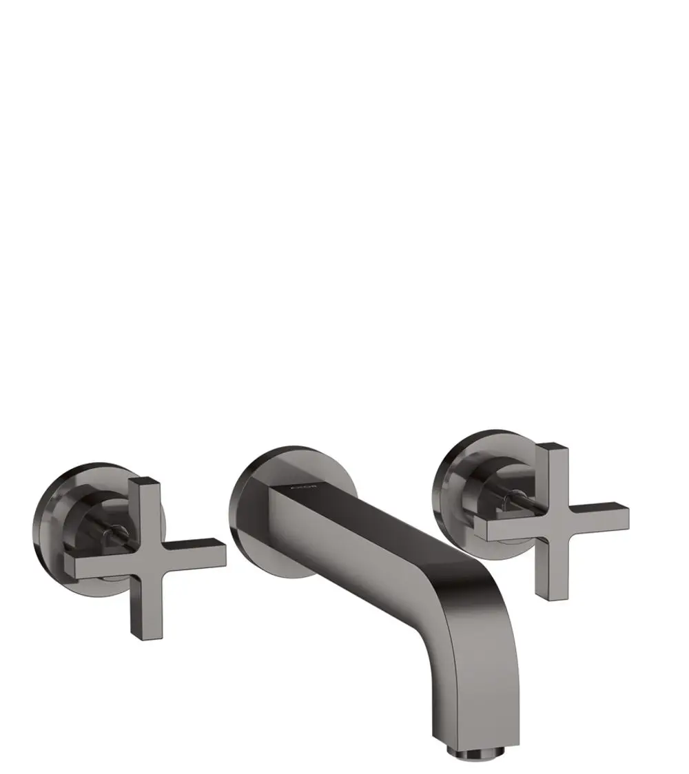 Wandmontierte Waschtischarmatur von AXOR mit zwei Kreuzgriffen und einem Auslauf. Oberflächenfinish in Polished Black Chrome.